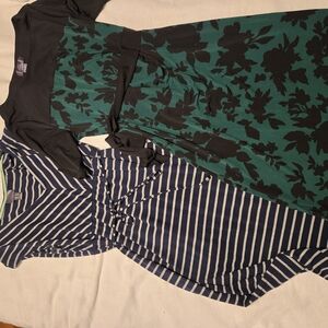 Green and Black Floral Dress with Blue and White Striped Dress